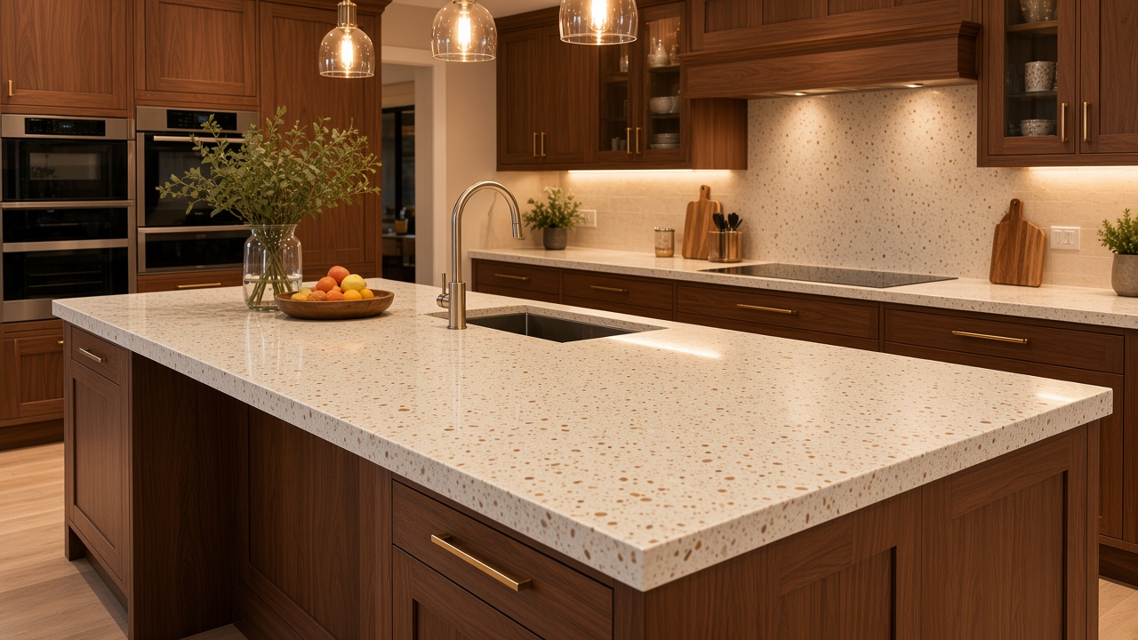 Warm copper fleck in a working kitchen