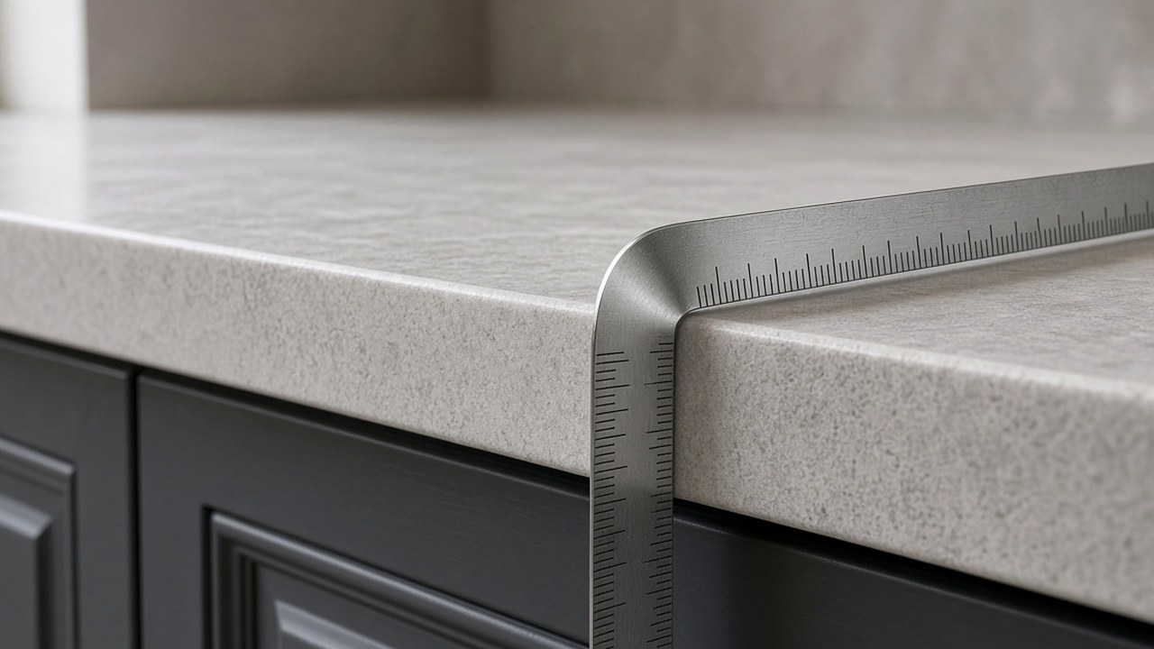 Fitter measuring the edge profile of a kitchen worktop before fabrication