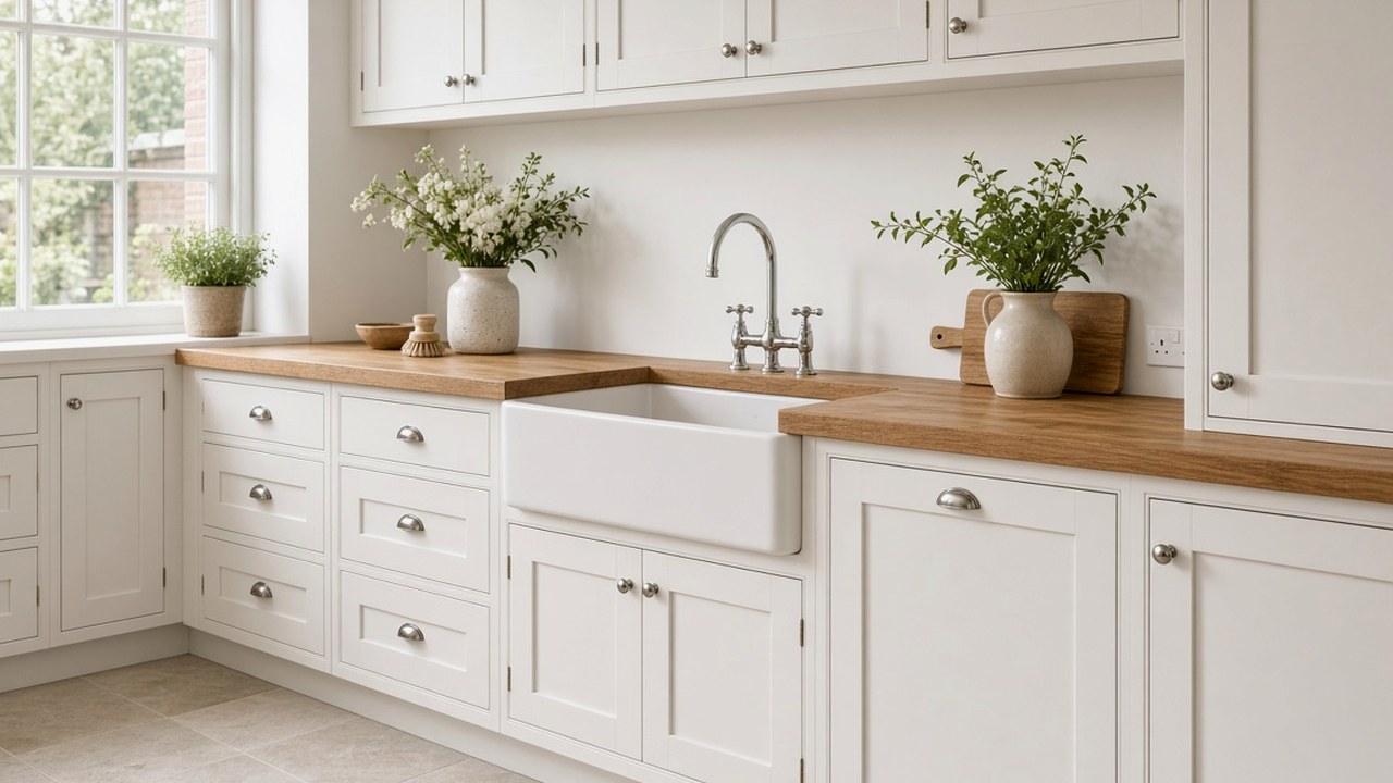 White kitchen with a butler sink fitted beneath a timber worktop