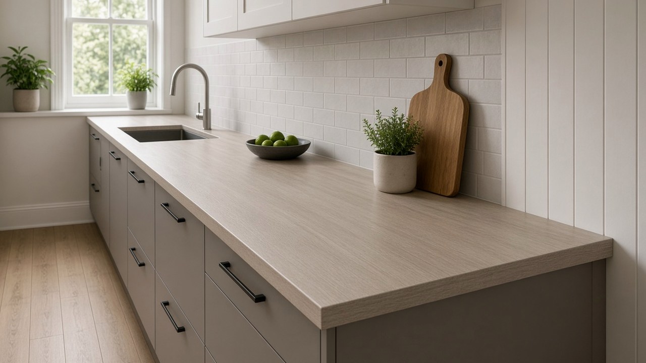 Grey and white kitchen worktop run with a neat joint along the corner